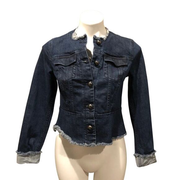 Banana Republic Denim Jacket XS Blue Collarless Pockets Raw Edge Hems Women’s - Picture 1 of 11